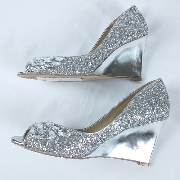 Badgley Mischka Shoes - Badgley Mischka Belle Silver Rhinestone Wedge Heel